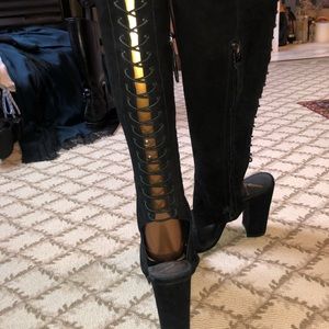 Brian Atwood suede over the knee peep toe boots